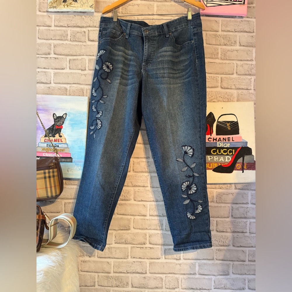 Faded Glory Dark Blue Straight Leg Jeans with Floral Embroidery